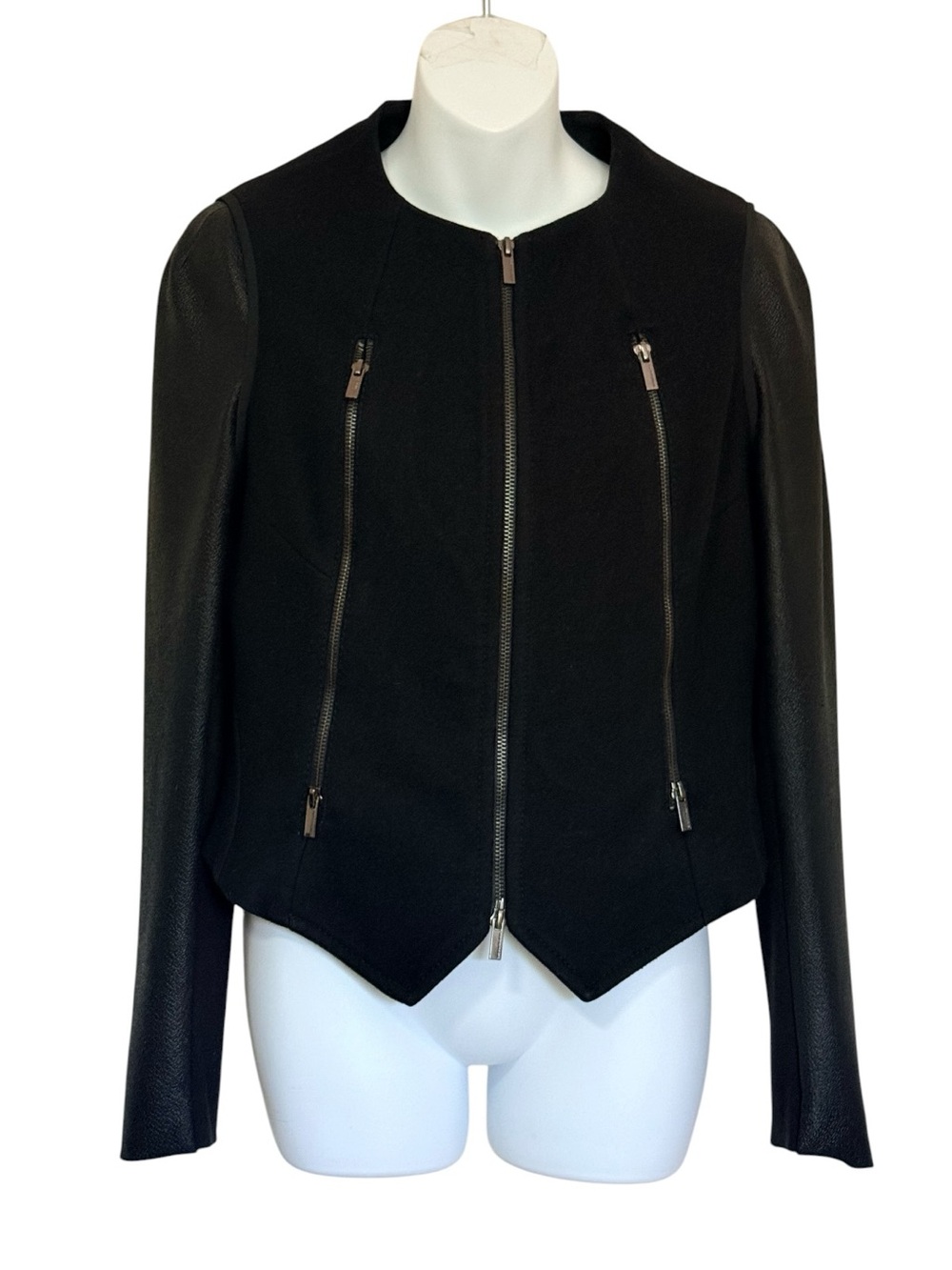 BCBGMAXAZRIA Black Wool Blend Zip Front Women's Moto Jacket Size Small
